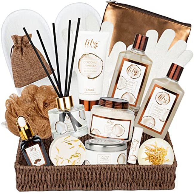 Coconut Vanilla Spa Bath Gift Set for Women, Luxury Bath and Body Gift Basket For Women and Men, 17pcs Spa Gift Baskets Set for Women Luxury Bath and Body Gift Basket For Women and Men Spa Kit with Shower Steamer, Bath Bomb Basket Set for Men Holiday Chri