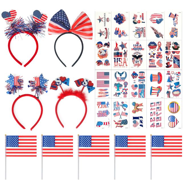 OPUHOHR 29 PCS 4th of July Headbands, Temporary Tattoos, American Flags on Stick, 4th of July American Independence Day Decorations Kit, 4th of July Props for Independence Day Decor