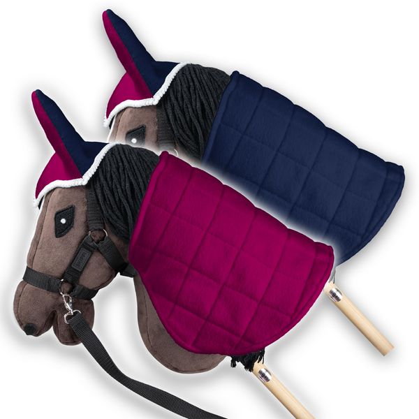 SKIPPI Wendbare Decke und Fliegenhaube für Hobby Horse – Fuchsia und Marineblau, Hobby Horse Zubehör, Zweifarbige Pferdedecke und Fliegenohren für Steckenpferd, für meisten Pferde A3 und A4