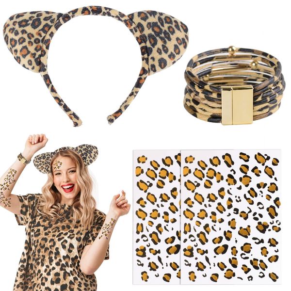 1 set Leopard Print Headband Cat Ears Hair Bands Leopard Bracelets Wrists Stickers Role Play Set Party Favor Costume Party Accessories Decorations