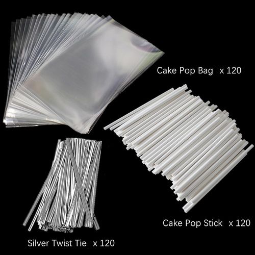 360 PCS Cake Pop Sticks and Wrappers Ties Kit, Including 120ct 6-inch Paper Lollipop Sticks, 120ct Cake Pop Parcel Bags, 100ct Silver Twist Ties for Candy Making Packaging Supplies