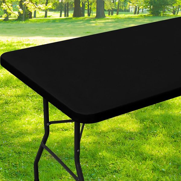 Dremisland Waterproof Rectangular TableCloth Elastic Edged Fitted Vinyl Black Table Cover with Flannel Backing Wipeable Oil-proof PVC Table Protector Cover for Dinning Room Kitchen Picnic Party