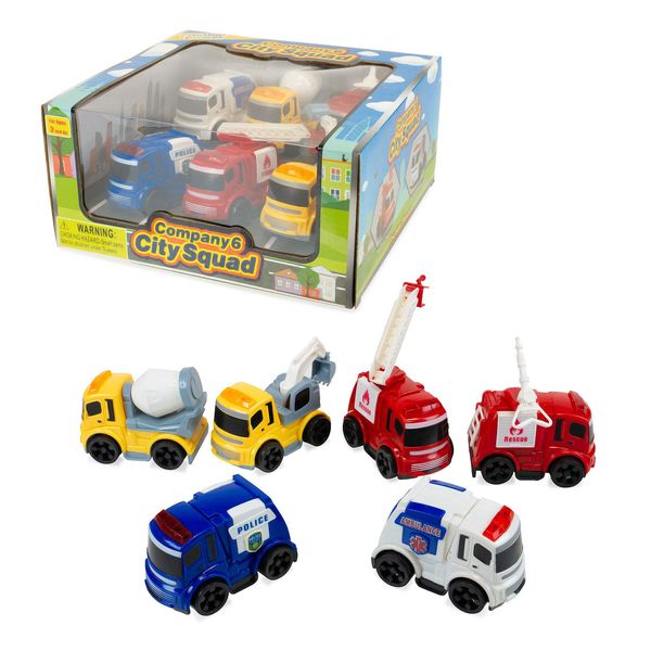 Set of 6 Pullback City Builder Construction Vehicles for Kids, Push and Go City Squad Car Toy, Police Car, Ambulance, Fire Truck, Concrete Mixer Truck, Crane, Excavator