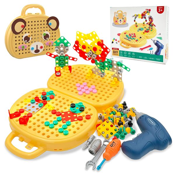 PICKONA 204 PCS 3D Take Apart Toys - Montessori Play Toolbox, Montessori Toys for Kids, Tool Box Bear with Drill, Mosaic Design Construction Building Blocks DIY Set with Storage Box (Yellow Dog)