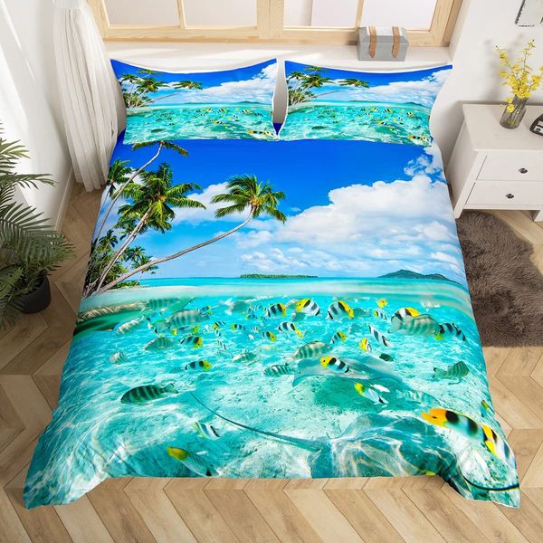 Feelyou Beach Duvet Cover Set Twin for Kids Ocean Bedding Set Hawaiian Tropical Sea Fish Printed Bedding Cover Microfiber Polyester Comforter Cover with 1 Pillow Shams, Blue,Zipper, 2Pcs