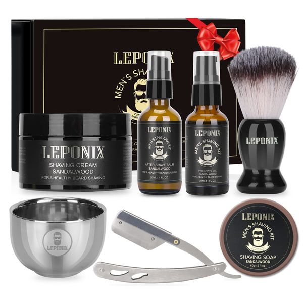 Shaving Kit for Men, Shaving Set of Sandalwood Shaving Cream, Mens After Shave Balm, Pre-Shave Oil,Shaving Brush and Bowl,Shaving Soap Gift Set for Men Boyfriend Stocking Fillers