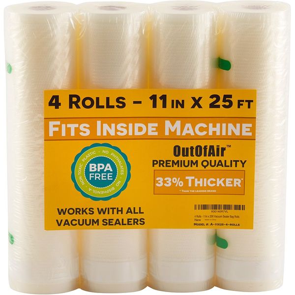 11" x 25' Rolls (Fits Inside Machine) - 4 Pack (100 feet total) OutOfAir Vacuum Sealer Rolls. Works with FoodSaver Vacuum Sealers. 33% Thicker, BPA Free, Sous Vide, Commercial Grade