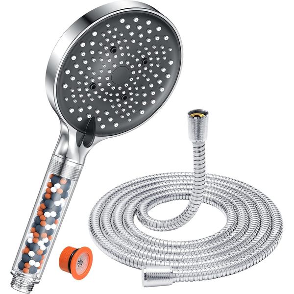 Shower Head and Hose with Filter Beads - YEAUPE PRO 130mm 6 Modes High Pressure Shower Head with 1.6M Hose,Universal Powerful Flow Adjustable Shower Head for Low Pressure Hard Water Improve Skin Hair