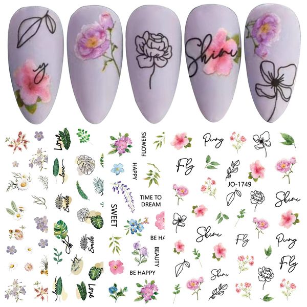 LANODO 6 Pcs Nail Stickers, Beautiful 3D, Flower Plants, Spring and Summer, Multiple Styles, DIY Nail Sticker Set