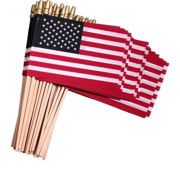 TUTARE 50 American Flags on Stick - Handheld Spearhead US Flag for 4th of July, Memorial Day Event Decorations - Patriotic Decor for Indoors & Yard - Wooden Stick, Cotton Fabric - (4"X6" - 144 Pack)