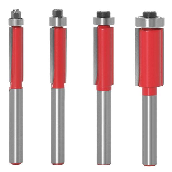 Bestgle Trimmer Bit Set of 4 Router Bits, Carbide Router, 0.25 inch (6.35 mm) Shank Chamfering Cutter, Flash Trim Router Bit, Woodworking Trimming Knife Carving, Wood Toming Bearing Cutter, Bit for