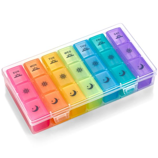 Weekly Pill Organizer Case – 3-Times-a-Day Pill Box - Large Plastic Dispenser with 7-Daily Morning Noon & Night Compartments for Pills, Supplements, Fish Oils and Vitamins