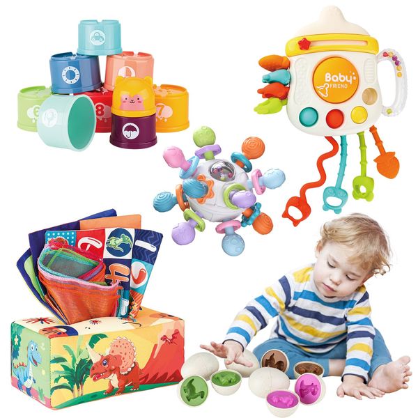 KADAYAYA Baby Montessori Sensory Toys for Baby 6 12 18 Months, Dinosaur Matching Eggs, Tissue Box Toy, Pull String, Infant Teething Toys, Stacking Cups Toy Gift for Babies Toddlers