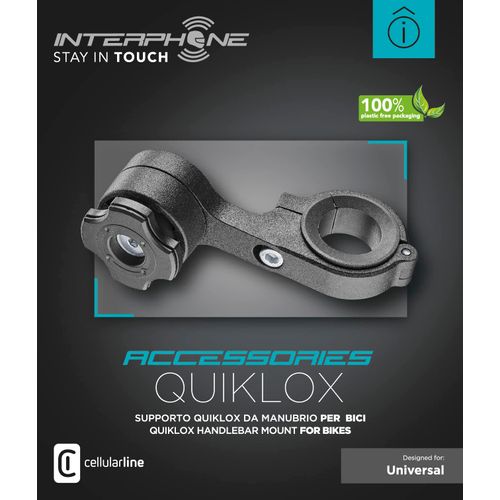 Interphone - QUIKLOX Modular System - Mobile Phone Holder for Bicycle Handlebars - Compatible with Handlebars from 22 to 31.8 mm - Adjustable 360° Horizontal 90° Vertical - Quick Release Hook