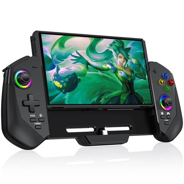 HELLCOOL Switch Pro Controller for Switch/OLED,Switch Controller for Handheld Grip with Hall Effect Joystick,One-Piece Switch Joycon with Turbo/Programmable/6-Axis/Vibration/RGB/4 Card Slot(Black)