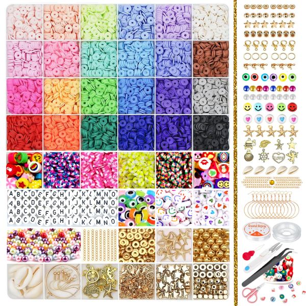 COLORS Bracelet making kit Clay beads 6400 Pcs 28 Glass seed beads jewellery art set, 6mm Polymer Heishi Spacer Beads - DIY unlimited fun with Letter, charms, bracelet, ring, neclace and beads!