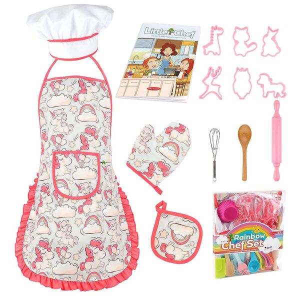 14Pcs Kids Apron Chef Hat Girls Cooking and Baking Set, Toddler Dress Up Kitchen Role Play Toys for 3 4 5 6 7 Years Old Gift(Unicorn)