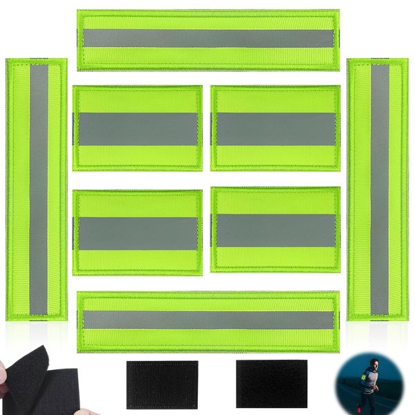 JNWYH Pack of 8 Reflective Tape Patch, Nylon Velcro, Green Reflectors Velcro for Clothes, Bags, Backpack, Night Sports, Rescue, Fire Brigade Uniform (3.6 x 15 cm/8 x 5.5 cm)