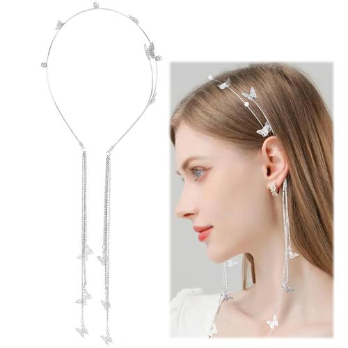Wedding Butterfly Headband, Chain Silver Tassel Hair Hoop, Crystal Tassel Headband, Vintage Decorative Hair Hoop, Butterfly Crystal Headpiece, for Bride Girls Women