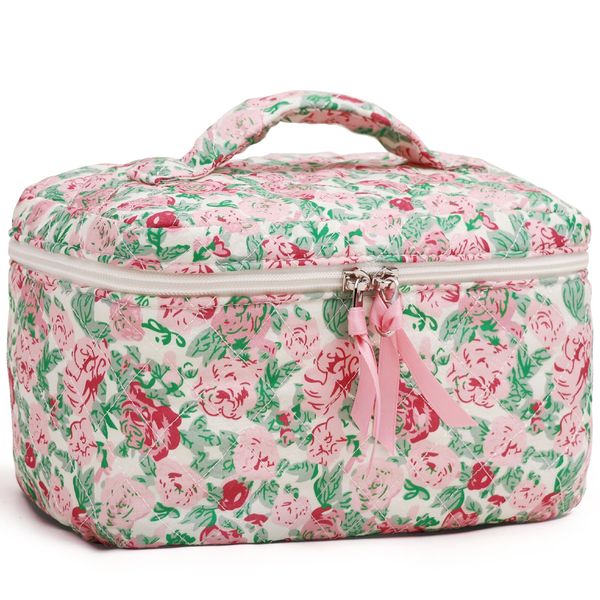 Prite Floral Makeup Bag Cotton Quilted Cosmetic Pouch Cute Travel Toiletry Bag Aesthetic Skincare Organiser for Women and Girls (Rose Multiflora)