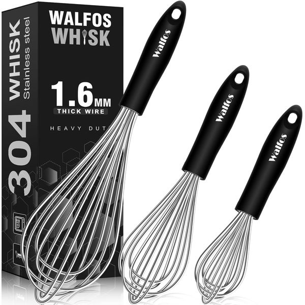 Stainless Steel Whisk Set - 3 Packs Balloon Whisk, Thick Stainless Steel Wire ＆ Strong Handles, Egg Frother for Cooking, Blending, Whisking, Beating, Stirring (21cm,23cm,28cm)