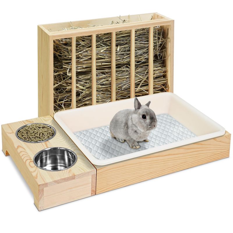 3 in 1 Rabbit Hay Feeder with Litter Box, Wooden Bunny Hay Feeder ...