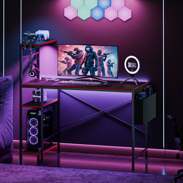 44" Computer Desk Rectangular Gaming Desk with LED Lights & Power Outlets Black
