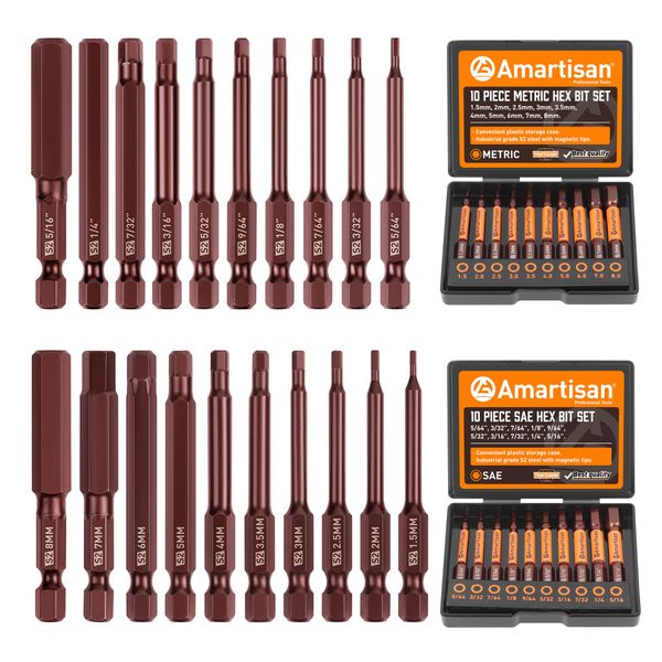 Amartisan 20-Piece Hex Head Allen Wrench Drill Bit Set, Metric and SAE S2 Steel Hex Bits Set, Magnetic Tips, 2.3" Long With Storage box.