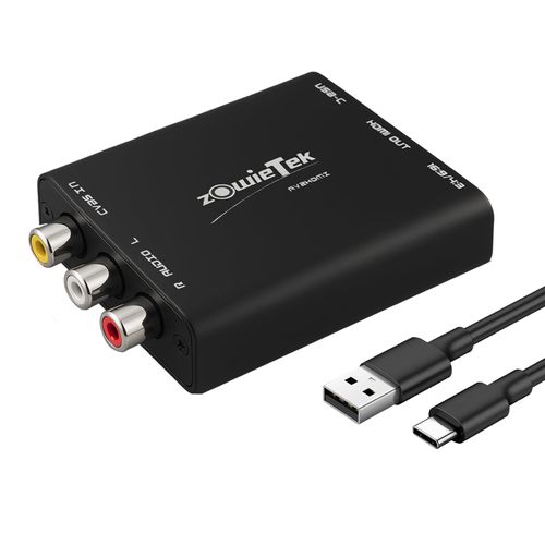 zowietek AV/RCA/CVBS to HDMI Converter, Durable Premium Aluminum, No Latency for Gaming, Plug & Play, 4:3/16:9 Switch, Type-C Power, Compatible with Wii, N64, PS, SNES, DVD, VHS, VCR, PC