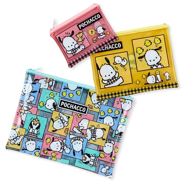 Sanrio 875341 Pochacco Vinyl Flat Pouch, Set of 3, Check Design