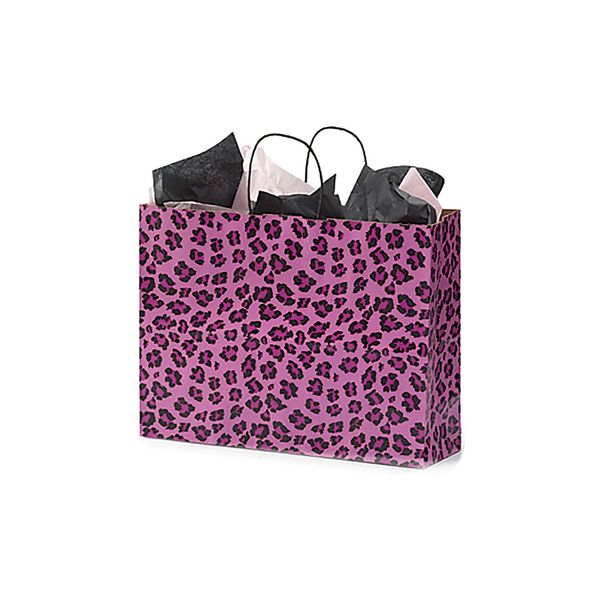 Large Pink Leopard Paper Shopping Bags - 16”L x 6”D x 12 ½”H - Case of 100