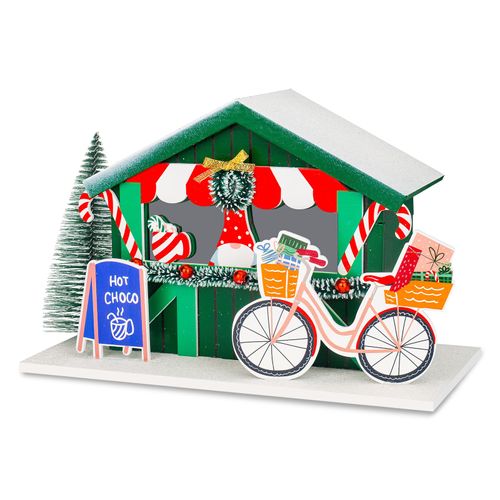 Zqoyn Christmas Decor Village Sets, LED Lighted Café, Village Home Xmas Scene Snow House, Suitable for Children Adults Handmade Collection of Indoor Table Decorative Architectural Present（Bicycle）
