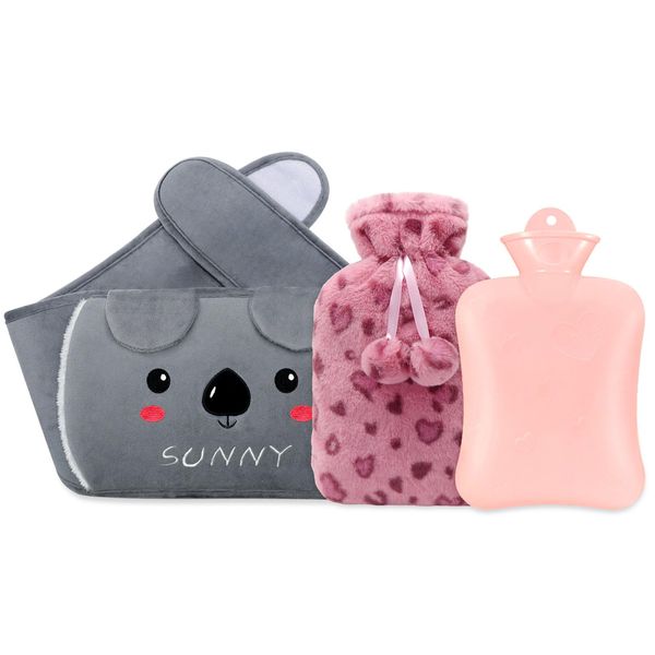 Shining She Hot Water Bottle, Rubber Hot Water Pouch with Soft Waist Waistbelt, Pink Warm Water Bag for Neck, Shoulder, Hand, Back Legs, Hot and Cold Therapy, 3PCS