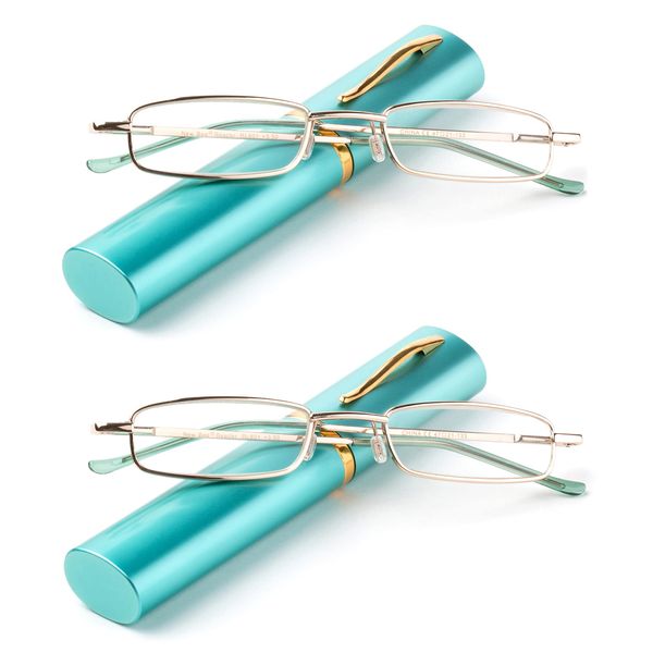 2 Packs Nebee Fashion Pocket Readers Ultra Slim Compact Reading Glasses Spring Temple w/Portable Nebee Fashion Pocket Clip Aluminum Case Teal +1.00