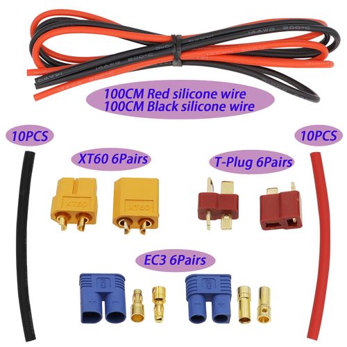 Treehobby XT60 / EC3 / Deans T-Plug Male Female Connectors Adapter with Silicone Wire and Heat Shrink Tubes for RC ESC Lipo Battery Motor Accessories (Total 58PCS)
