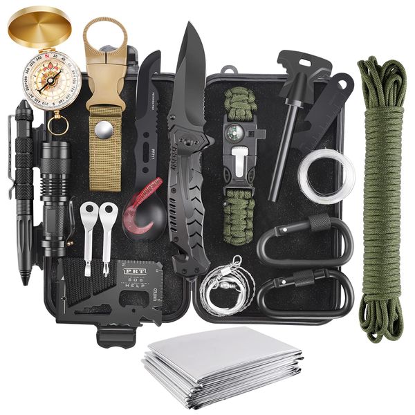 Emergency Survival Kit, 22 in 1 Professional Survival Gear Equipment Tools First Aid Supplies for SOS Emergency Tactical Hiking Hunting Disaster Camping Adventures