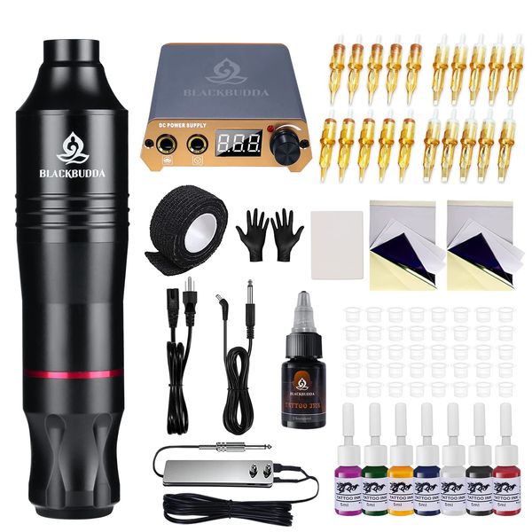 Tattoo Maschine set, Blackbudda Tattoo Pen mit Tattoo Power Supply Bunte Pigment Patrone Tattoo Maschine Kit für Anfänger Rotary Tattoo Maschine Kit Professional Complete, 20pcs Cartridge Nadeln