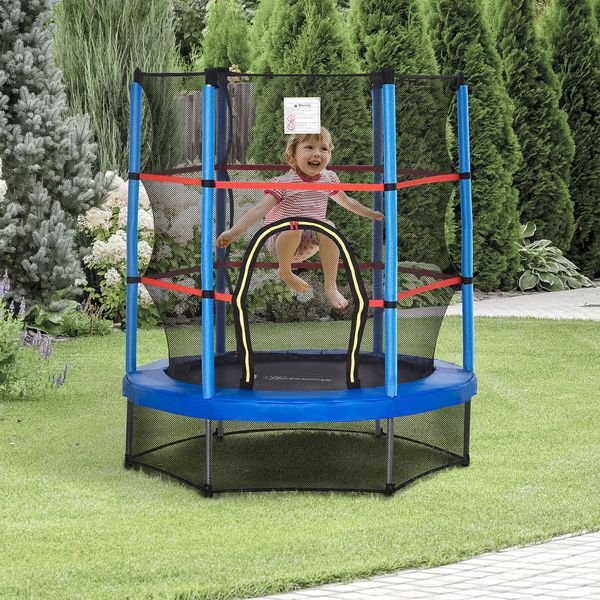 55" Steel Frame Kids Trampoline, Indoor Exercise Bouncer w/ Net Enclosure, Blue