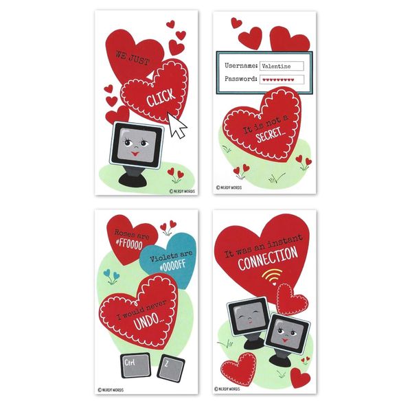 Nerdy Words Mini Computer-Themed Valentines (Set of 24, Wallet-Sized Cards) for Valentine's Day