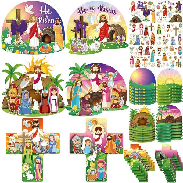 72 Sheets Easter Sticker He Lives Scenes Craft Kit with Rope for Kids Resurrection Stickers Jesus Cross He Is Risen Scene Sunday School Classroom Craft for Kid Party Game Easter Art DIY Project Supply