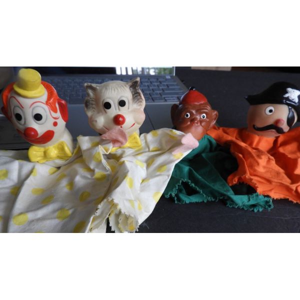 4 Vintage RUBBER HEAD CLOTH BODY HAND PUPPETS Felt Hands Clown Monkey Cat Pirate