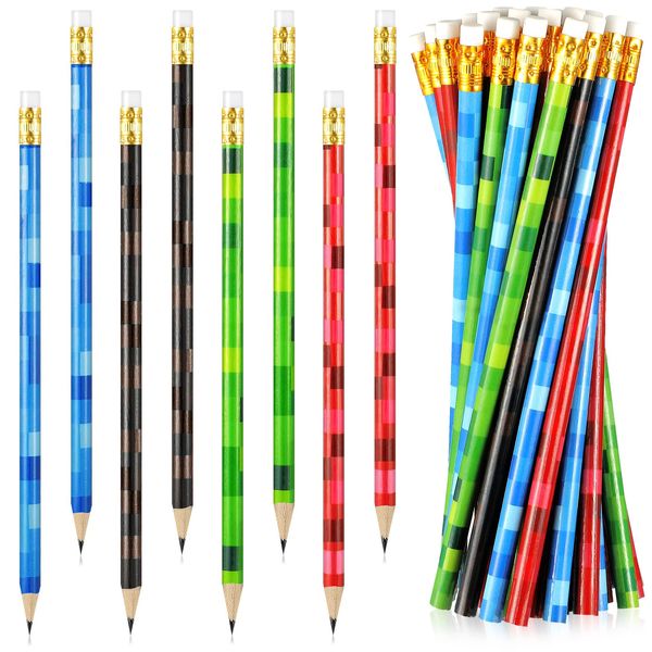 Spakon 36 Pieces Pixel Themed Pencils Multicolor Miner Style Pixelated Video Game Themed Party Fun Pencils Classroom Rewards Prizes for Boys Mining Birthday Party Favors Girls (Bright Colors)