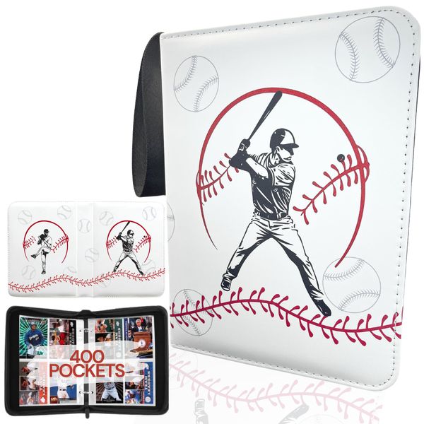 Baseball Card Binder with Sleeves 400 Pockets. 3 Ring Sports Card Binder Book with Zipper. Gifts for Baseball Card Collectors. Waterproof Baseball Card Holders Compatible with Topps Cards. (White)