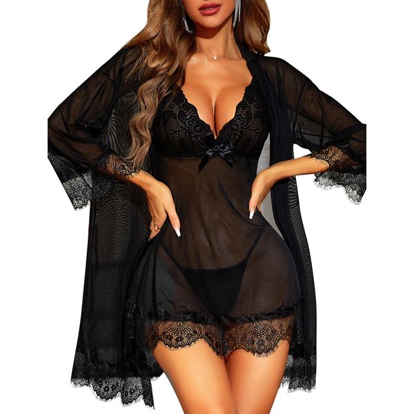 RSLOVE Women Sexy Lingerie Set 3 Piece Babydoll & Lace Kimono Robe Strap Chemise Sleepwear Mesh Nightgown Black L