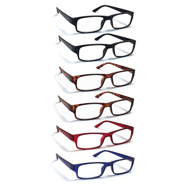 Boost Eyewear Reading Glasses, 6 Pairs with Spring Hinges in Black, Tortoise, Blue, Red - For Men, Women (+1.50)