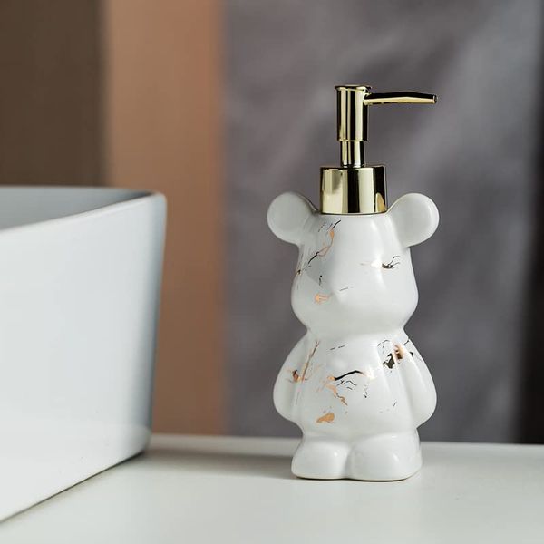 Small Bathroom Soap Dispenser With Pump, Cute Bear-shaped Design, Ceramic Liquid Soap Dispenser (Marble White)