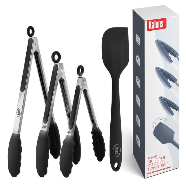 Kaluns Kitchen Tongs for Cooking, Non Stick Silicone Tip Stainless Steel Tongs, Set of Four 7,9, and 12 Inch Tong Plus Silicone Spatula Non-stick, Heat Resistant Serving Utensils