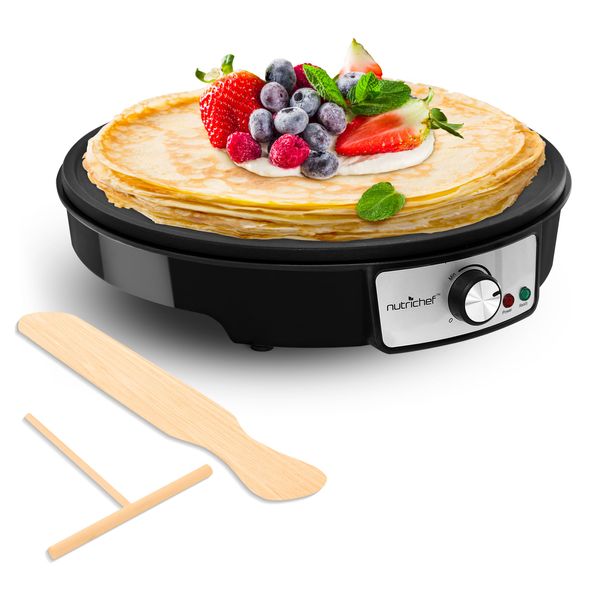 nutrichef Electric Griddle Crepe Maker Cooktop - Nonstick 12 Inch Aluminum Hot Plate with LED Indicator Lights & Adjustable Temperature Control - Wooden Spatula & Batter Spreader Included