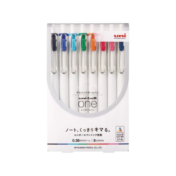 Mitsubishi Pencil Uni-Ball One UMNS388C Gel Ballpoint Pens, 0.01 inches (0.38 mm), 8-Color Set