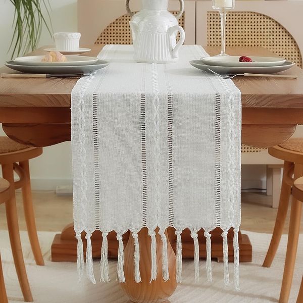 meioro Rustic Table Runner with Tassels, 33x123cm Farmhouse Boho Table Runners Braided Striped, Linen Polyester Table Decoration for Dining Party Holiday and Wedding (White)